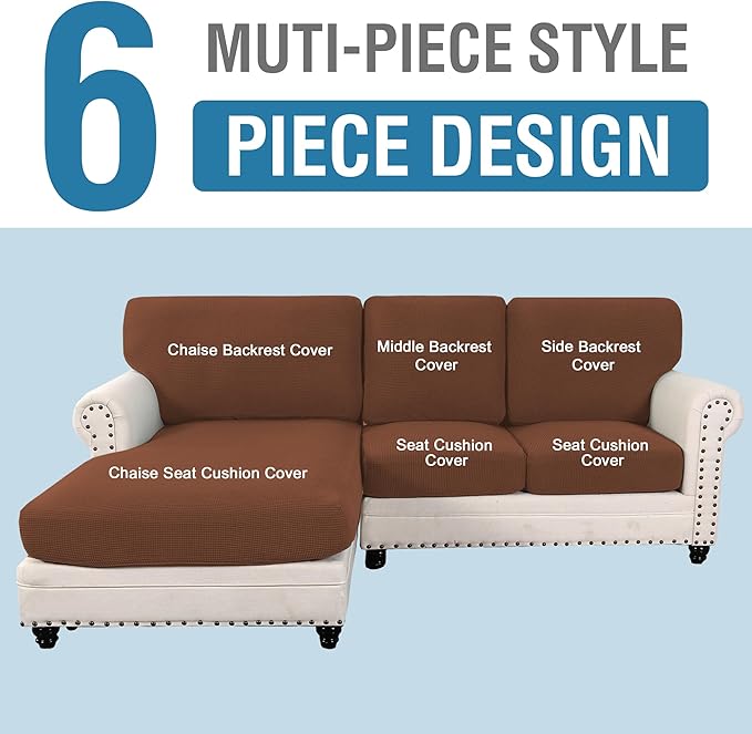 H.VERSAILTEX Sectional Couch Covers 6 Pieces Stretch Sofa Covers for Sectional Sofa Set Separate L Shaped Couch Cover for Both Left/Right Couch (Seat and Back: 1 Chaise + 2 Sofa, Caramel)