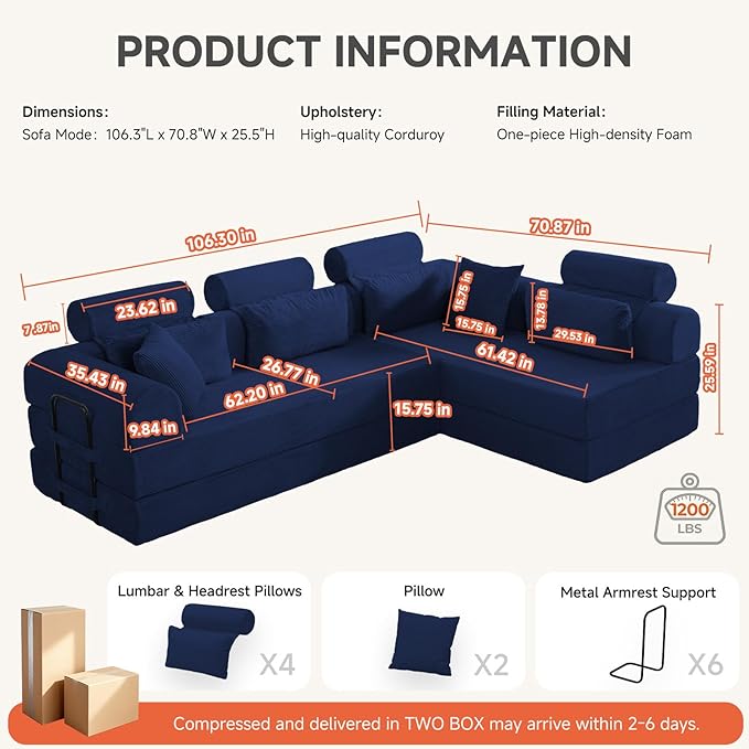 Boneless Sectional for Small Spaces, 106” L Shaped Couch from Two 70.87” Modules, Reconfigures to 141.7” Straight Sofa, Corduroy Compressed Couch in a Box with Headrest Back Pillows, Dark Blue