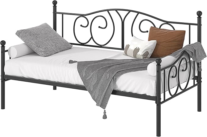 VECELO Metal Daybed Frame Multifunctional Platform Bed Sofa Mattress Foundation with Classic Headboard, Twin, Black