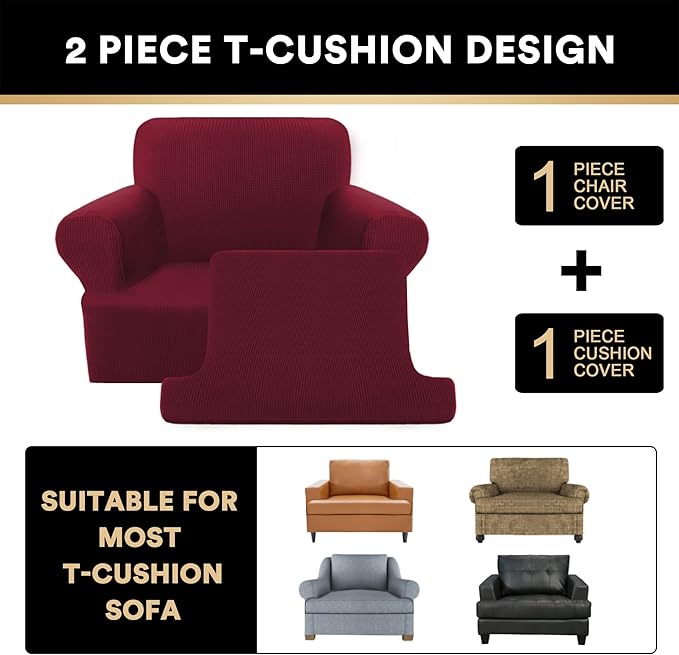 PrinceDeco 2 Pieces Armchair Slipcover Stretch Couch Covers for T Cushion Chair Slipcovers Soft Arm Chiar Cover Furniture Covers with 1 Individual T Shape Seat Covers Width Up to 40", Burgundy