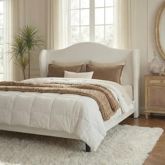 Allewie Velvet Platform Queen Bed Frame with Wingback and 47" Tall Tufted Headboard, Modern Minimalist Design, No Box Spring Required, Tool-Free Assembly, White