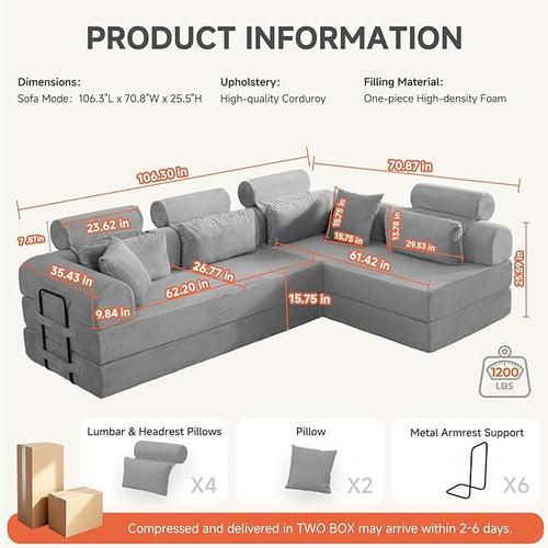 106” L Shaped Boneless Sectional Couch, Two 70.87” Pieces Convert to 141.7” Extra Long Straight Sofa, Corduroy Couch in a Box with Headrest and Back Pillows for Apartment Living Room, Light Grey
