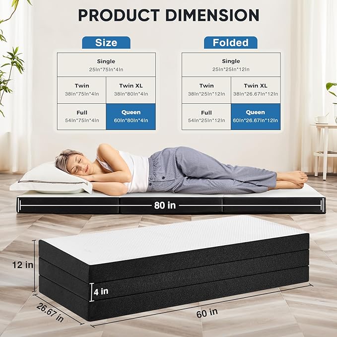 OLIXIS 4 Inch Queen Size Tri-fold Memory Foam Mattress, Foldable Portable Floor Bed with Washable Cover, CertiPUR-US Certified Collapsible Mat for Kids, Adults, Travel, Camping & Yoga