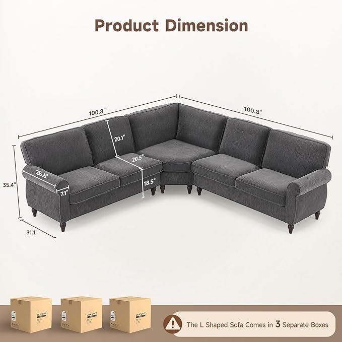 ONBRILL 101" L Shaped Couch, Sectional Corner Sofa with Rolled Arms, 5 Seater Chenille Fabric Couch w/Springs Seat Cushion, Wooden Legs, Comfy Oversized Sofa for Living Room, Apartment, Grey