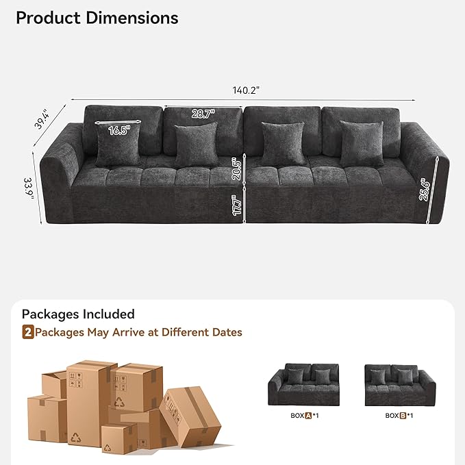 140''Modular Sectional Couches for Living Room, Cloud Boneless Compressed Sectional Sofa, Oversized 4 Seater Upholstered Memory Foam Sofa, No Assembly, Chenille Grey