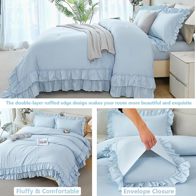 ANGIYUIN 5Pcs Queen Ruffle Comforter Sets Light Blue Double-Layer Ruffled Bedding Sets Vintage Farmhouse Bed Sets Solid Elegance Ruched Bed in A Bag for Women(Light Blue Queen)