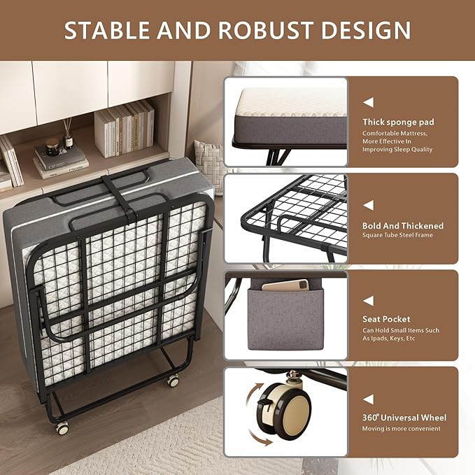Folding Bed with Mattress for Adults, 75" x 38"Portable Twin-Size Rollaway Bed, Metal Frame Foldable Guest Bed with Memory Foam Mattress,Deluxe Single Beds with Side Storage Pocket