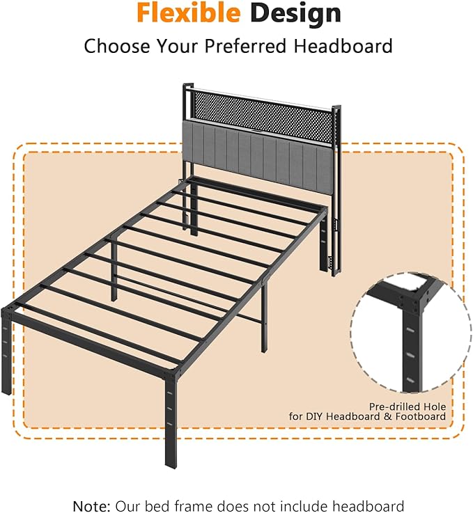 VINGLI 14 Inch Twin Bed Frame, Heavy Duty Metal Platform, No Box Spring Needed, Sturdy Steel Slat Support, Easy Assembly, Noise-Free, 12.4 Inch Underbed Storage,Black