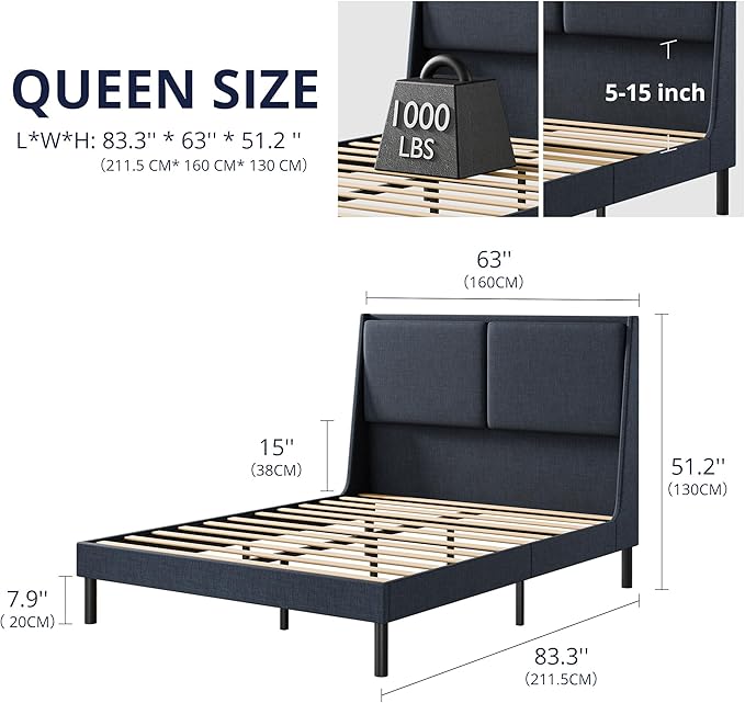 Cozy Castle Queen Size Upholstered Platform Bed Frame with 51.2" Tall Wingback Headboard, Double Backrest Metal Bed Frame, No Box Spring Needed, Easy Assembly, Bedroom Furniture, Navy Blue