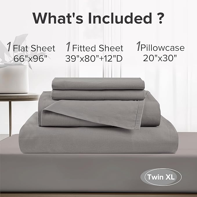 Comfort Spaces 100% Cotton Sheets Twin XL, Breathable, Soft Cotton Sheets, Naturally Cool Cotton Bed Sheets with 12" Elastic Pocket Fits up to 14" Mattress, All Season Sheet Set, Dark Gray 3 Piece