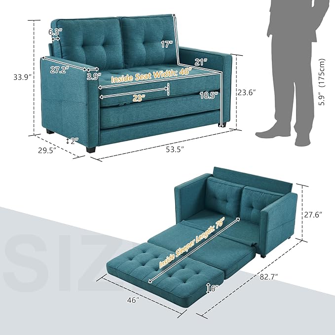 VINGLI Loveseat Sleeper Sofa Bed Teal Blue Futon Couch 53.5" W 80" L Pull Out Couch Bed Floor Couches for Living Room Folding Sofa Convertible Small Loveseat for Small Spaces