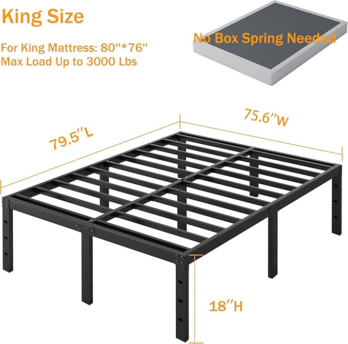 SHLAND King Size Bed Frame, 18 Inch Heavy Duty Metal Platform Bed Frame No Box Spring Needed, Mattress Foundation, Storage Space, No Noise, Easy Assembly