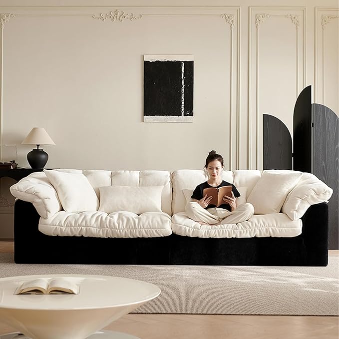 Cat Scratch Fabric Sofa Living Room 2026 new Straight Row Black and White Color Blocked French Lazy Snow and Wind Neil Cloud Fabric Sofa | Cat scratch fabric