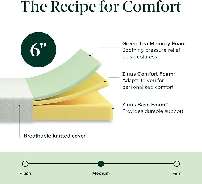 ZINUS 6 Inch Short Queen Green Tea Memory Foam Mattress [New Version], Fiberglass free, Medium Firm Feel, Zoned Pressure Relief, Certified Safe Foams & Fabric, Mattress in A Box