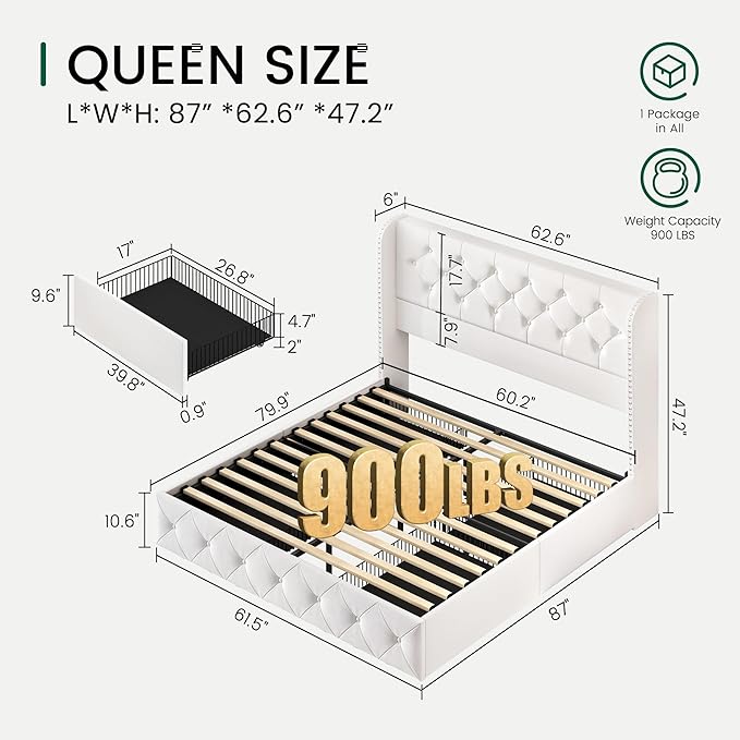 LARMACE Queen Size Bed Frame with 4 Storage Drawers and 47.2" Tall Wingback Headboard Velvet Upholstered Platform Bed Frame Tufted Beds with Wooden Slats Support, Easy Assembly, White
