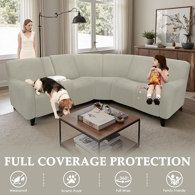 Reclining Sectional Couch Covers L Shape Waterproof Washable Recliner Sofa Cover for L Shaped Sectional Super Stretch Soft Corner Recliner Slipcovers (5 Seater 1 Console Cover, Light Khaki)