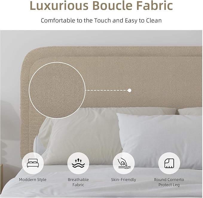 BarnFurin Boucle Upholstered Bed Frame King Size/Cloud Bed Frame/Soft Rounded Corners Headboard/Low Profile/No Box Spring Needed/Non-Slip and Noise-Free/Beige