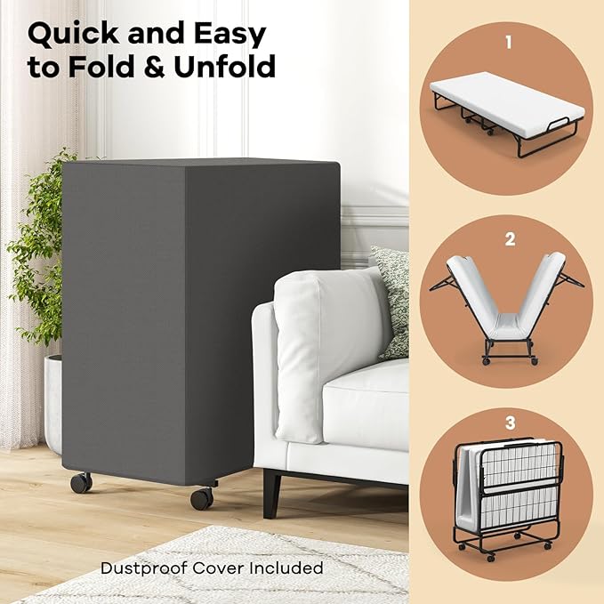 Giantex Folding Bed with Mattress and Top Pillow, Twin Size Portable Guest Beds w/Metal Frame, Storage Pocket, Space-Saving Rollaway Foldable Bed with Memory Foam Mattress for Adults, 75" x 39"