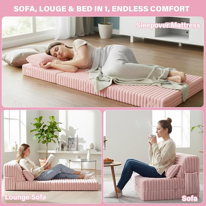 Tiita Folding Sofa Bed - 4-Fold Convertible Sleeper Chair with Corduroy Cover and Rectangular Pillow, Floor Sofa Mattress for Adults, Single Size, Pink