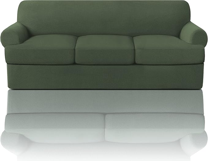 PrinceDeco T Cushion Sofa Slipcover 4 Pieces Sofa Covers for T Cushion Couch Soft Sofa Slip Covers Furniture Protector with 3 Individual T Shape Seat Covers(70"-88"), Bronze Green
