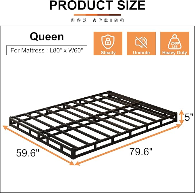 EMODA 5 Inch Box Spring Queen Size Bed Base, Heavy Duty Metal Queen Mattress Foundation with Fabric Cover, Easy Assembly, Black