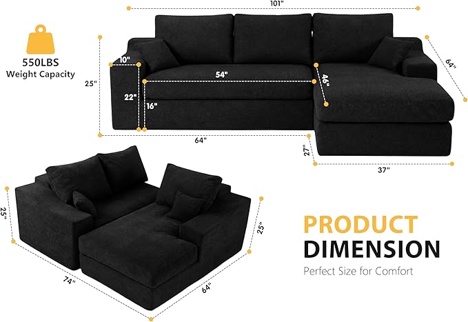 HABUTWAY 101'' Modular Sectional Sofa, Cloud Sectional Couches for Living Room, Comfy Boneless Couch with Deep Seat, Modern L-Shape Sofa with Chaise, No Assembly Required (Black, Right Facing Chaise)
