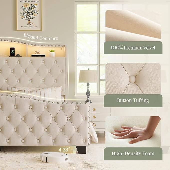 Belffin King Size Bed Frame and Headboard, 50.9" Velvet Upholstered Wingback Bedframe with LED Lights & Storage/Charging Station, Button Tufted Tall Footboard, No Box Spring Needed, Noise-Free, Beige