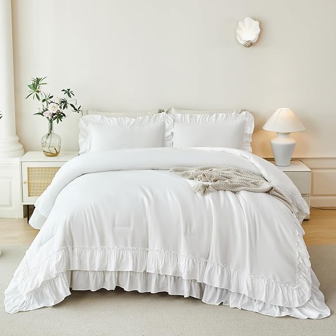 ANGIYUIN 5 Pieces White Twin Size Comforter Set Double Ruffled Bed in A Bag Lightweight Farmhouse Fluffy Bedding Sets for Kids Soft Microfiber Shabby Chic Comforter with Sheets(White Twin)