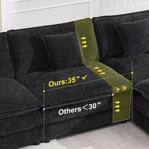 147" Modular Sectional Sofa, Oversized U Shaped Sectionals Cloud Couch, Big Comfy Couch with 2 Ottomans, 6 Seater Chenille Sectional Sofa with Deep Seat and 6 Pillows for Living Room- Black