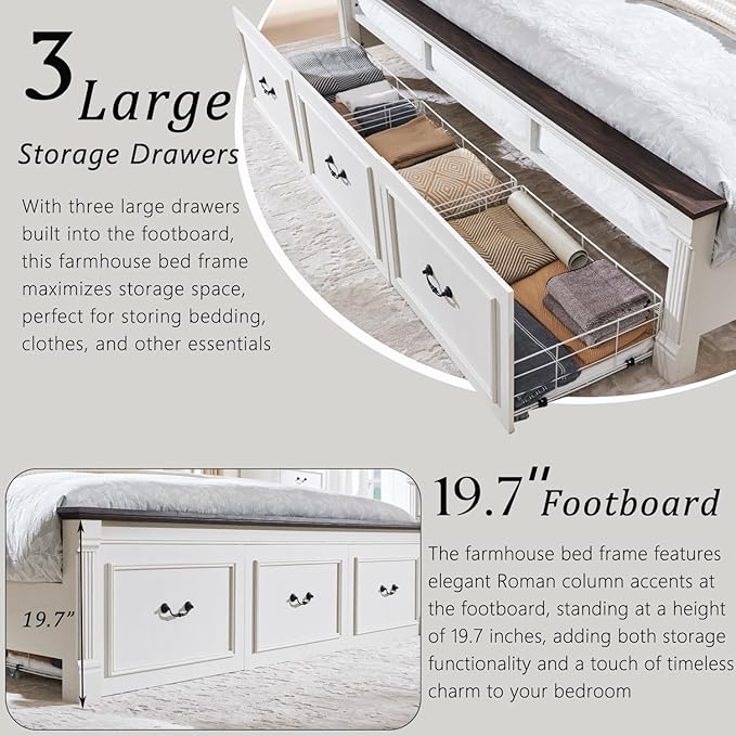 Aitjunz Farmhouse King Size Bed Frame with 51" Tall Headboard, Wood Platform Bed Frame with 20" Tall Roman Column Decoration Footboard & 3 Large Storage Drawers, No Box Spring Needed (White)