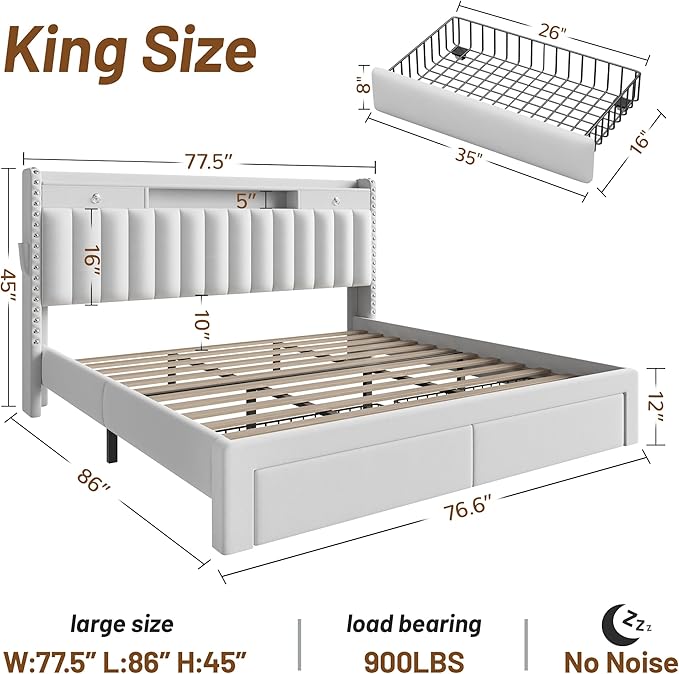 CypBed King Size Bed Frame with 4 Storage Drawers,Velvet Upholstered Platform King Bed Frame and Headboard, 3 USB & Type-C Charging Ports, Solid Wood Slats, No Box Spring Needed, No-Noise, White,Gifts