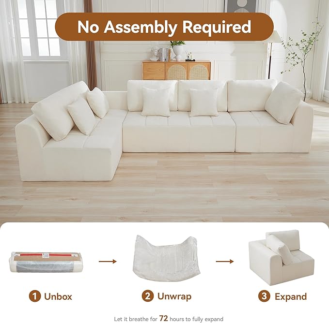 140''Cloud Boneless Couches for Living Room, Modular Sectional Compressed Sectional Sofa, Oversized L Shaped 5 Seater Upholstered Memory Foam Sofa, No Assembly, Chenille Beige