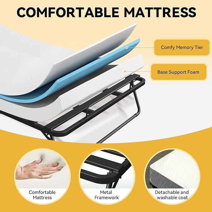 75" x 46" Folding Bed with Mattress for Adults, 5 Inch Memory Foam Mattress, Portable Foldable Rollaway Guest with Strong Metal & Wood Frame, Side Pocket
