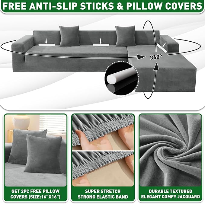 ZNSAYOTX 2026 Soft Velvet Sectional Couch Covers, Luxury Plush Slipcovers with Elastic Bottom for L Shape Sectional Sofa, 2 Pcs Pet Friendly Protector (3 Seat Couch + 3 Seat Chaise, Grey)