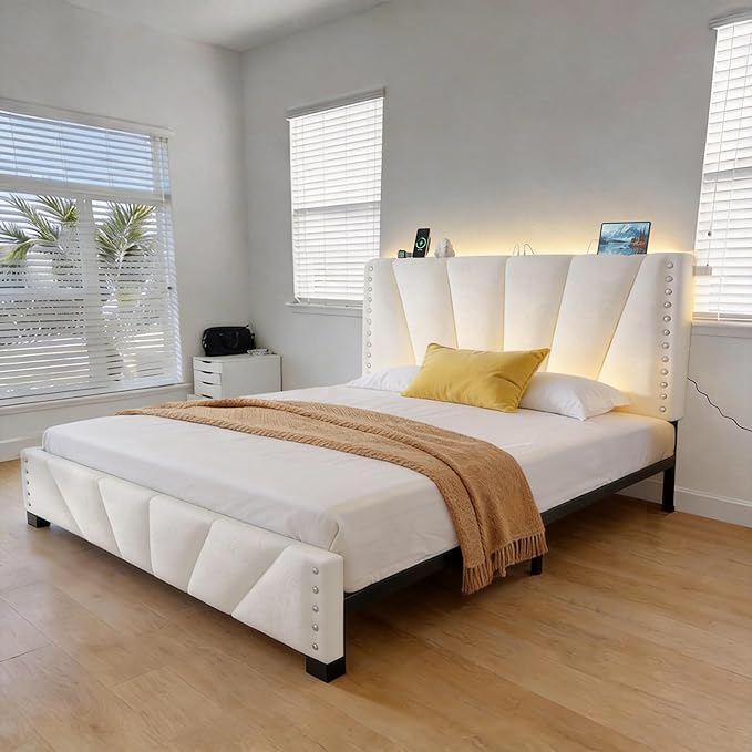 EnHomee Queen Bed Frame and Headboard, Velvet Upholstered Bed Frame Queen Size with Charging Station and LED Lights, Platform Bed Frame for Bedroom, Apartment, Dorm, Noise-Free, Easy Assembly, Beige