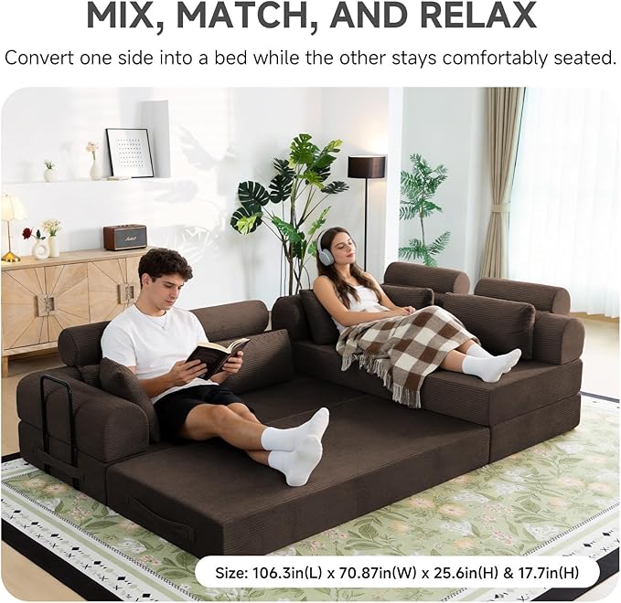 106" L-Shaped Boneless Sectional Couch, 2-Piece 70.87" Modules, Converts to 141.7" Extra-Long Straight Sofa, Corduroy Couch in a Box with Headrest & Back Pillows for Living Room, Brown