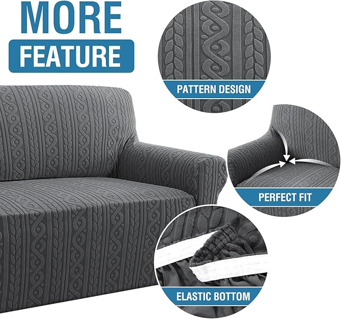 H.VERSAILTEX Stretch Couch Cover 1 Piece Soft Sofa Covers Furniture Protector with Elastic Bottom Anti-Slip Dogs Slipcovers Washable Upgrade Thick Jacquard Fabric with Spiral Pattern(75"-85", Grey)