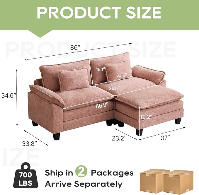 86" Modular Sectional Sofa, Comfy Cloud Couch Sectional Sofa with Ottoman, Chenille Sofa Sleeper Deep Seat Sofa with Throw Pillows for Living Room (Pink, 86"- L Shape)