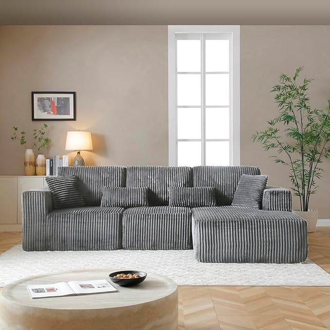 110" Cloud Sectional Couch, Modular Sectional Sofa with Deep Seat, Corduroy Upholstered Boneless Couch for Living Room Bedroom, Left Facing Chaise (Grey, 110" Right Facing Chaise)