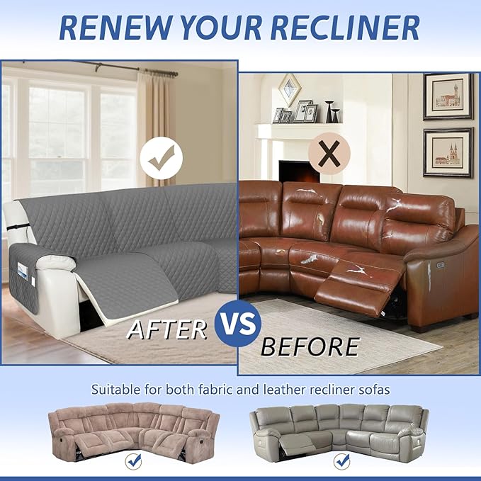 Arfntevss Recliner Sectional Couch Covers 1OO% Waterproof L Shape Sofa Cover for Reclining L Shaped Sectional Slipcover Set Dog Washable Corner Non Slip Furniture Protector (XL 5 Seater, Dark Gray)