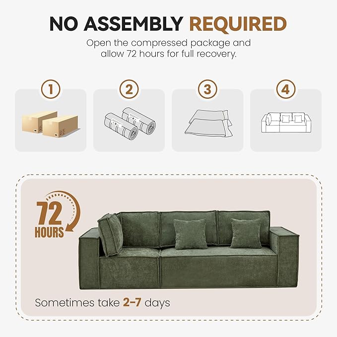 108'' Chenille Boneless Couch, Oversized Modular Sectional 3 Seater Sofa, Modern Deep Seat Corner Cloud Compressed Couch, No Assembly Sleeper Sofa with Chaise for Living Room, Green