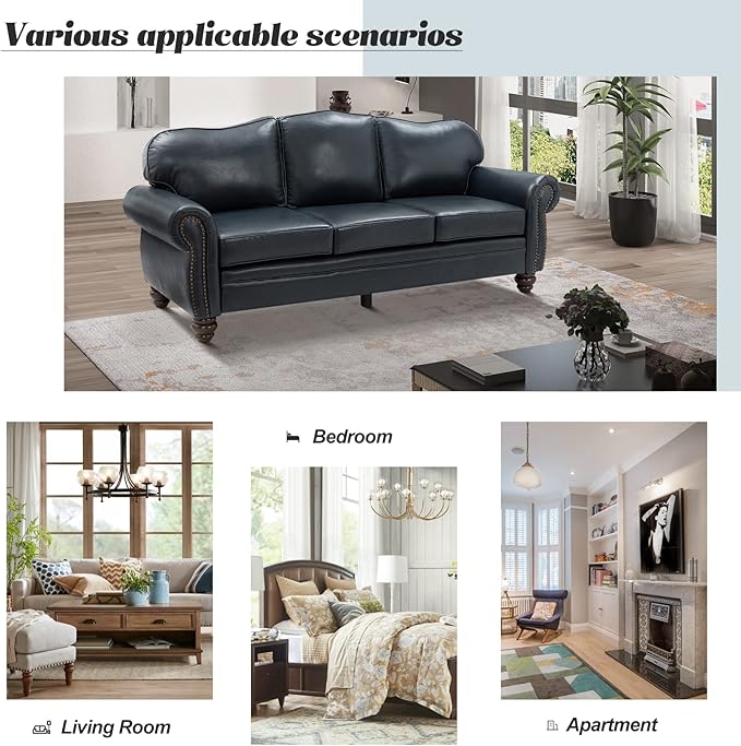 HULALA Home 81'' Genuine Leather Sofa with Removable Cushion, Mid-Century Modern Living Room 3-Seater Couch, Full Grain Leather Couch with Nailhead Trim and Rolled Arm for Bedroom Apartment, Navy