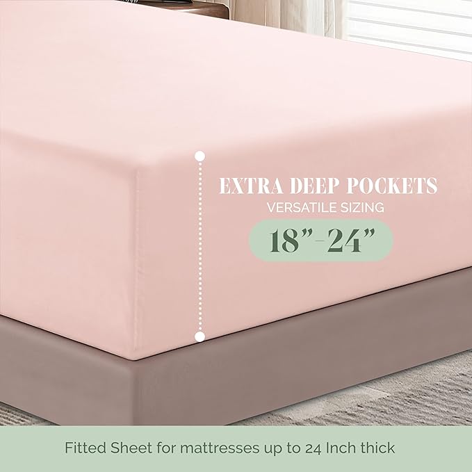 Elegant Comfort 1500 Premium Hotel Quality 18-24 Inches Deep - Extra Deep Pocket Single Fitted Sheet for High Mattress, Luxury and Softest, Smart Pocket - Wrinkle Free, Queen, Blush Pink