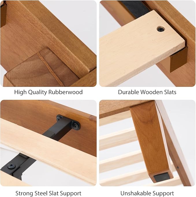 Sweetcrispy Solid Wood Bed Frame - Twin Size Mattress Foundation with Headboard, No Box Spring Needed with 1100LBS Sturdy Wooden Slats Support, Noise Free, Easy Assembly