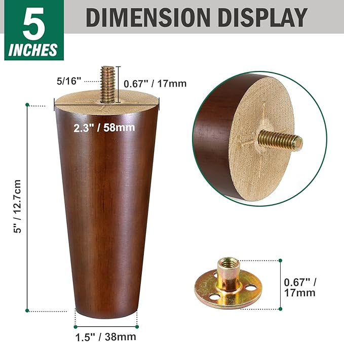 FoDau770 Brown Rubber Wood Furniture Legs 5 Inches, Straight Tapered Wood Feet Mid Century Sofa Legs Set of 4, 5/16" UNC Furniture Feet Replacement Parts for Cabinet Couch Dresser Chair Ottoman Table