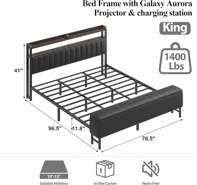 King Size Bed Frame with Star Projector & Charging Station, PU Leather Upholstered Platform with 2-Tier Storage Headboard & Storage Ottoman, Metal Support, Noise-Free, No Box Spring Needed, Black