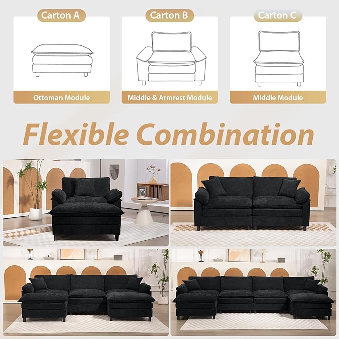 Oversized Modular Sectional Sofa, 80 Inch L Shaped Cloud Couch Set, 2-Seat Comfy Convertible Sofa with 1 Movable Ottoman, DIY Combination Sleeper Couch for Living Room(Chenille, Black)