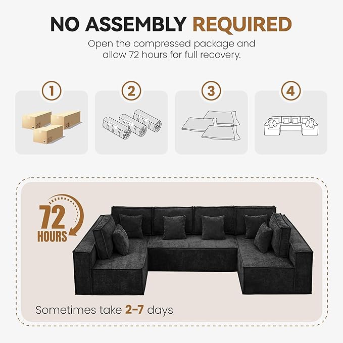 138'' Boneless U Shaped Couch, Oversized Modular Sectional 6 Seater Sofa, Modern Deep Seat Corner Cloud Compressed Couch, No Assembly Sleeper Sofa with Chaise for Living Room, Chenille Black