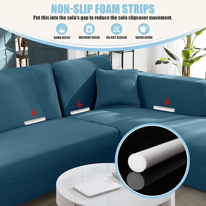KinCam Sectional Couch Covers L Shape Sofa Covers Super Stretch 2pcs Sofa Slipcovers for 3 + 3 Seaters Sectional Chaise Slipcover with 2pcs Pillow Covers for Pets Kids, Peacock Blue