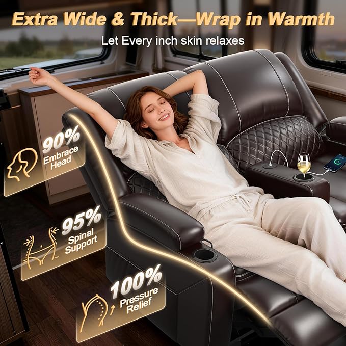 RV Loveseat Recliner Wall Hugger, Manual RV Reclining Loveseat with Removable Armrest, 3X Adjustable Theater Wall Hugger Loveseat Recliners with USB Ports, Cup Holders, Multi-Storage (PU,Brown)